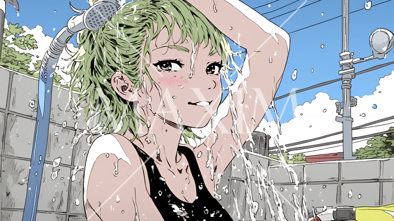 海水浴の後のシャワーを浴びている若い女性