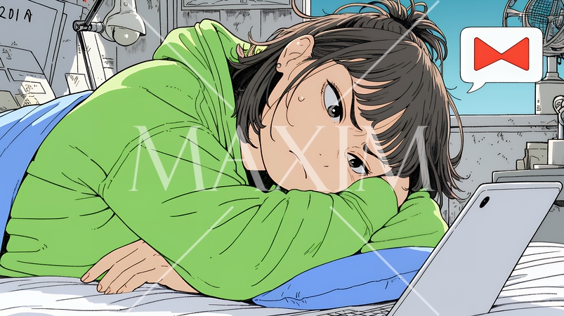 寝ようとしているときに嫌なメールを受け取り、不快そうな若い女性