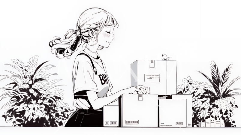 引っ越しの荷造り・荷解きをしている若い女性（シンプルな色使い）