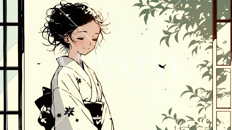 浴衣姿で夕涼みをしている若い女性（シンプルな色使い）