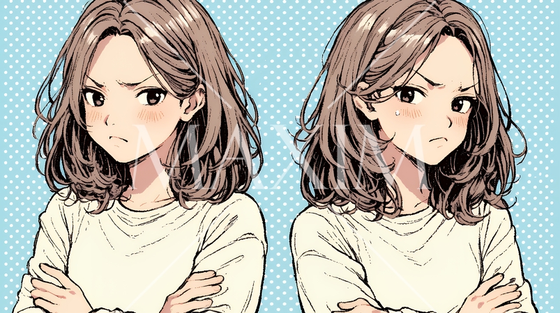 頬を膨らませ、腕を組んでイライラしている女性