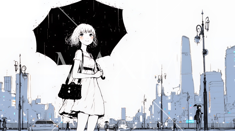 雨の中を歩く女性（シンプルな色使い）