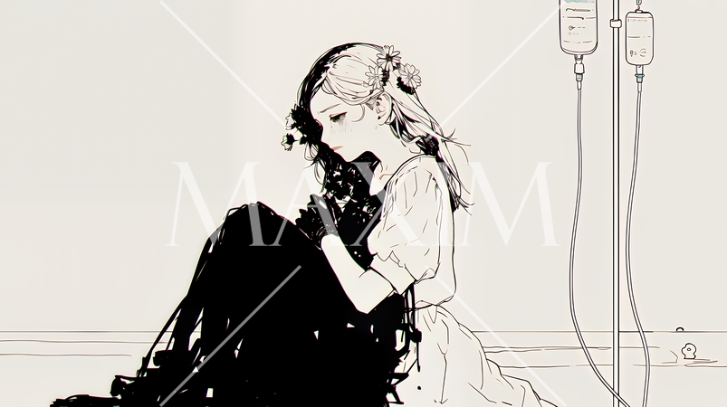病院のベッドに腰掛けて気落ちしている女性（シンプルな色使い）