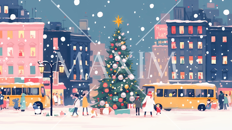 イルミネーションが彩るホワイトクリスマスの都会（ポップでキュートな表現）