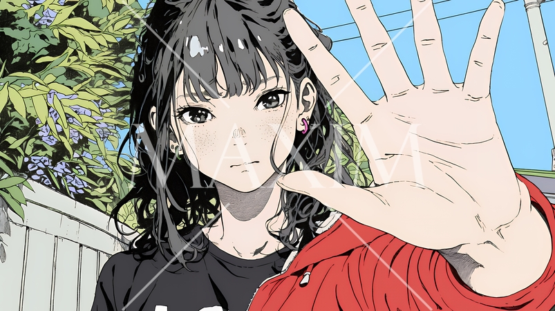 手のひらを相手に向けて見せるジェスチャーをして拒否の意思を表している若い女性