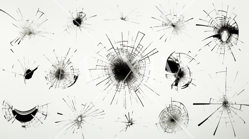 弾痕：ガラスに命中した銃弾の跡