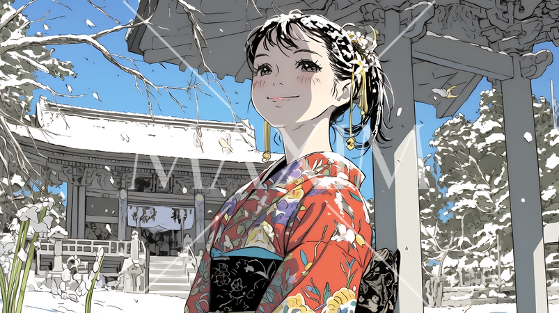 和服を着て初詣をしている若い女性