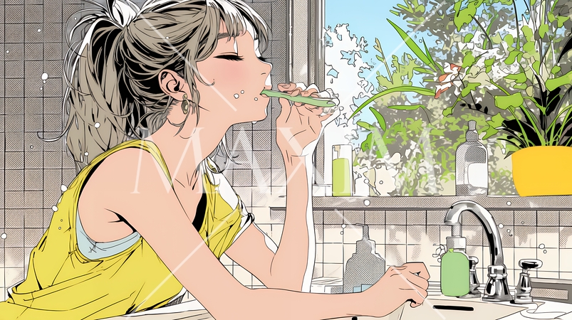 洗面所で朝の歯磨きをする若い女性