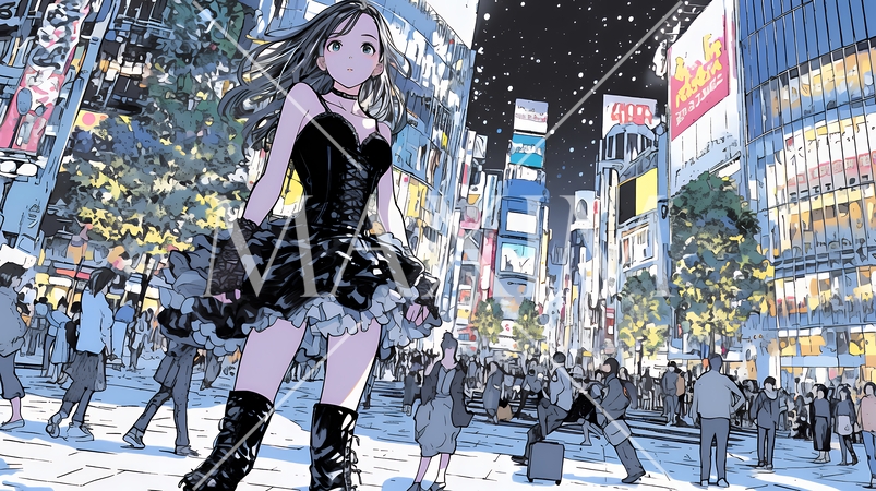 ゴシックロリータファッションで東京の町を歩く若い女性