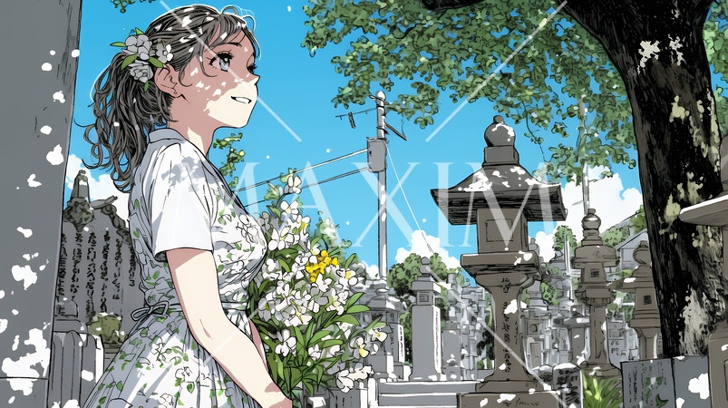 墓参りをしている若い女性