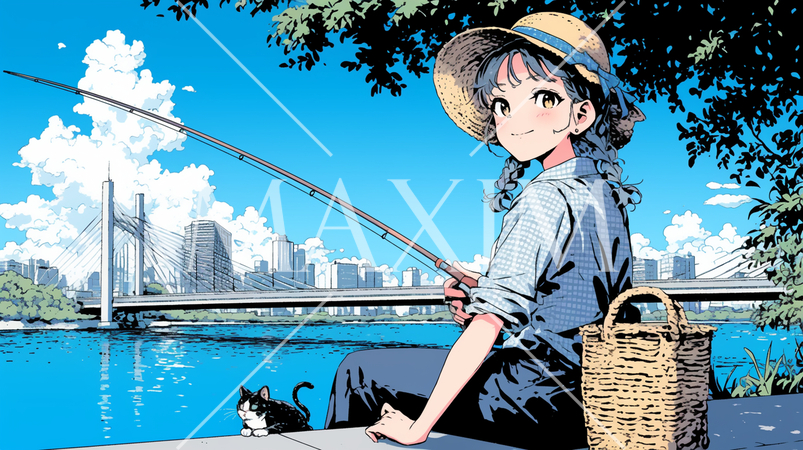 釣りをしている若い女性