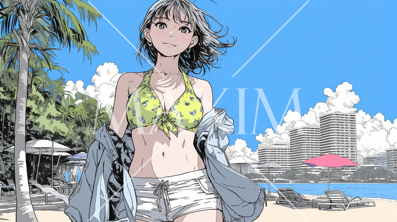 南国の海岸にビキニ姿でいる若い女性