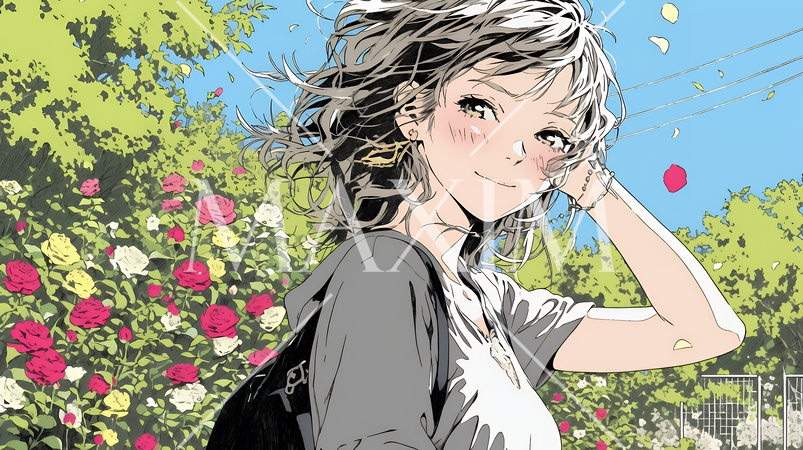 バラ園を散策している若い女性