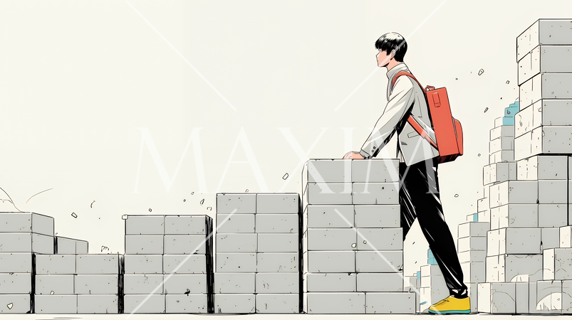 コンクリートブロックを積み上げているビジネスマン：計画の段階的積み重ねの比喩