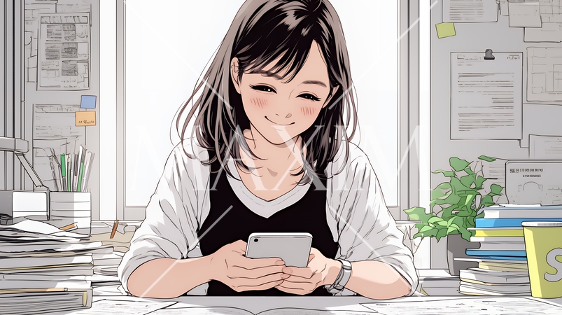 楽しそうにスマホ画面を眺めている若い女性