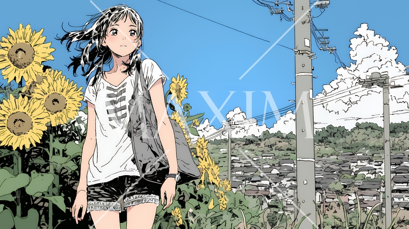 真夏の青空のもと、ヒマワリ畑を散策している若い女性