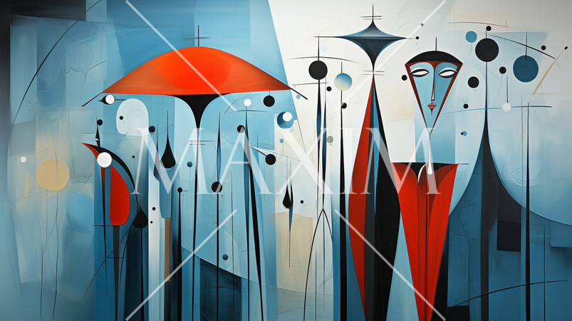 雨の日に傘をさしている人々のキュービズム的描写