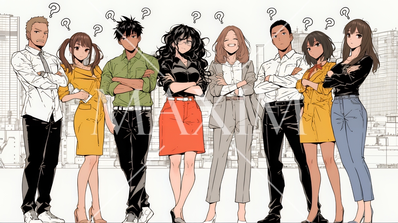 数人のビジネスパーソンが腕組みをして疑問を抱いた顔をしている