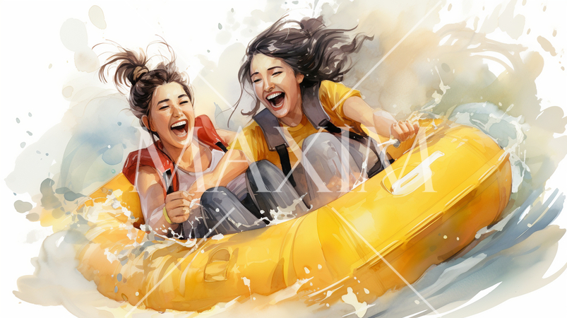 ビニールボートに乗ってはしゃいでいる若い女性達