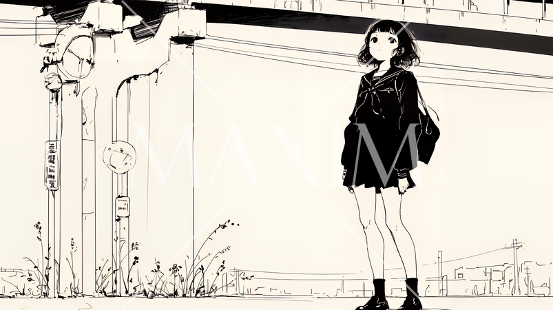 若い女性が佇む都市の街角（シンプルな色使い）