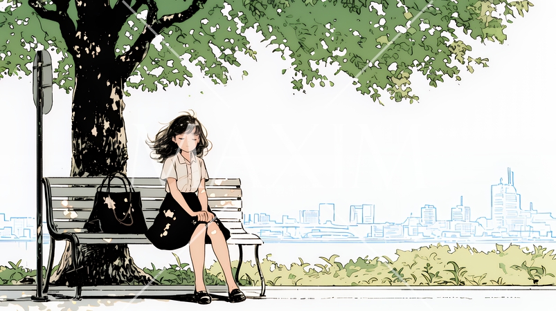公園のベンチでひとり静かにくつろぐ若い女性（シンプルな色使い）