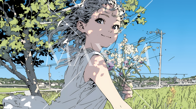 スカートを揺らしながら春風と戯れている若い女性