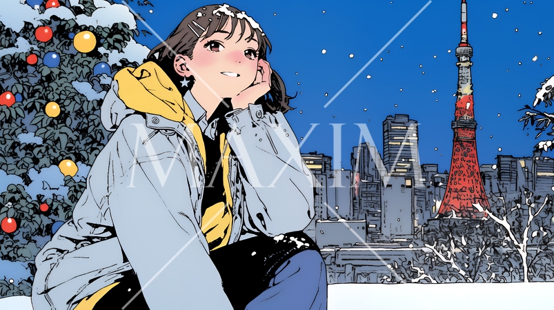 クリスマスイルミネーションが美しい街を散策する若い女性