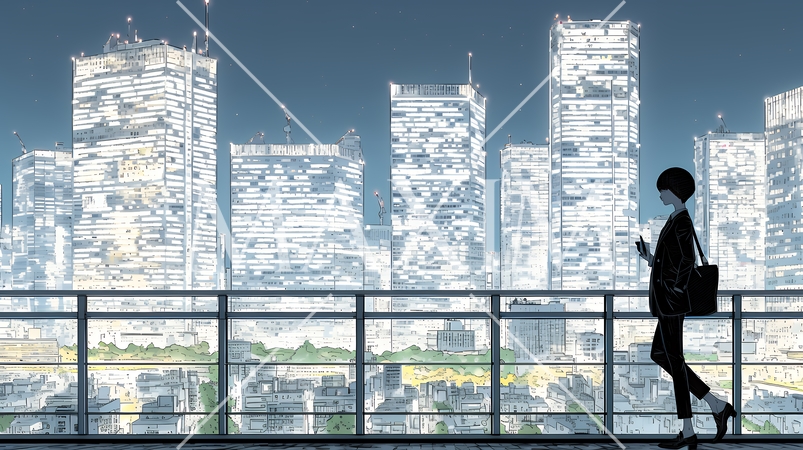 高層ビル群を見下ろすキャリア女性