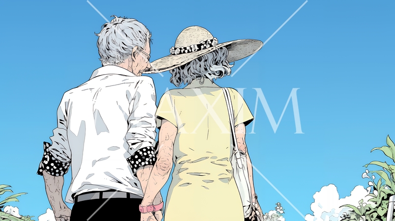 手をつないで歩いている老カップル