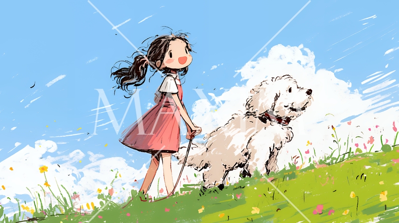 愛犬と散歩をしている女の子（クレヨン＋水彩画風）