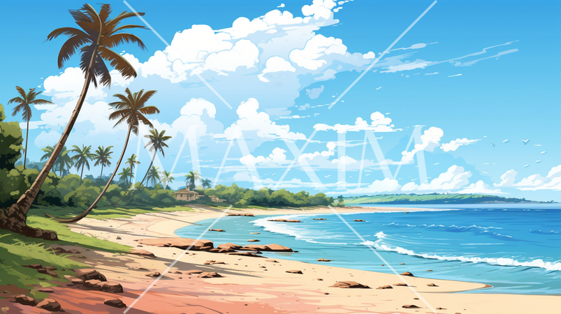 南国の島の浜辺と青い空のイラスト