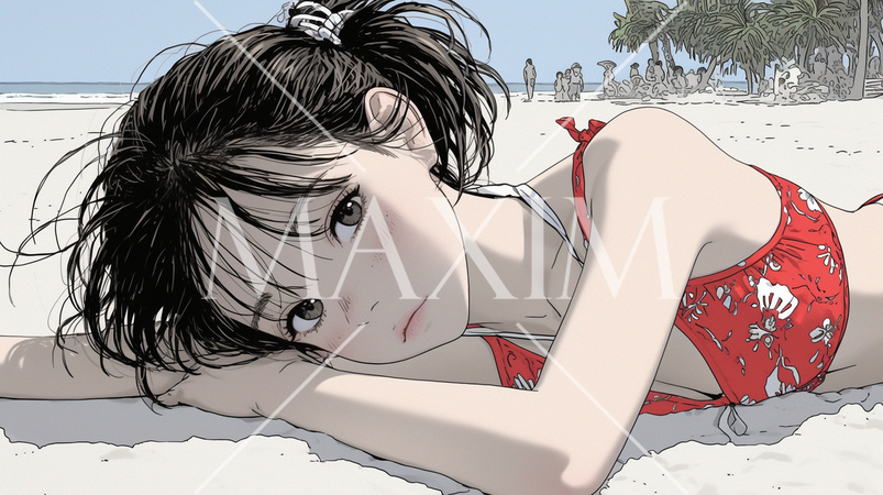 南国の海岸にビキニ姿でいる若い女性