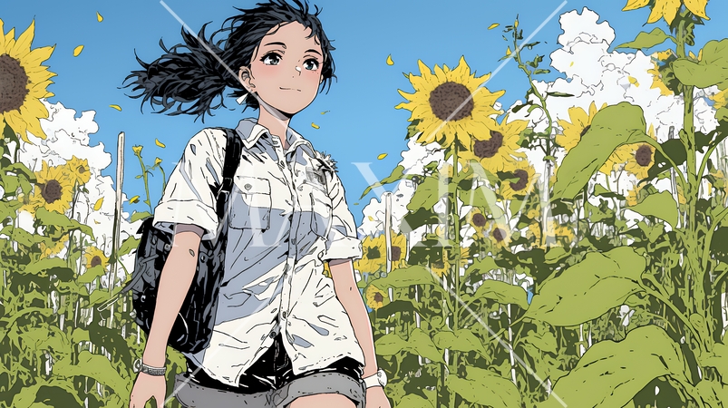 真夏の青空のもと、ヒマワリ畑を散策している若い女性
