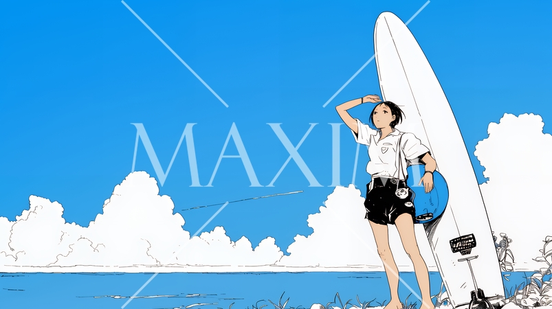 若い女性サーファーと夏のビーチの風景（シンプルな色使い）