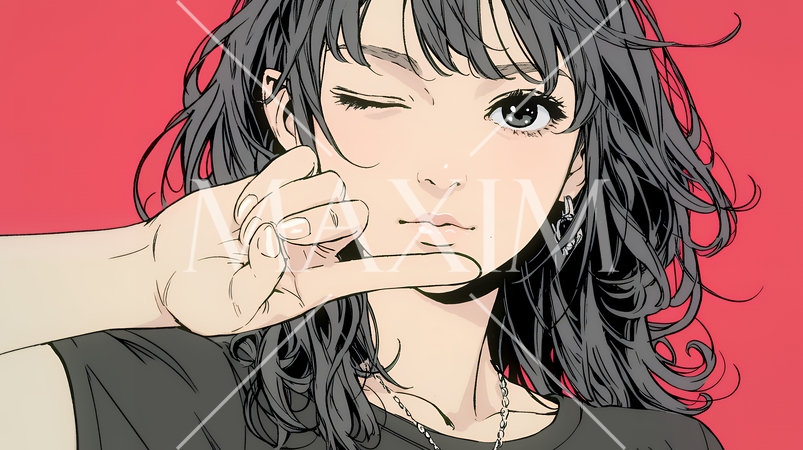 フィンガーガン（指でっぽう）を構えている若い女性