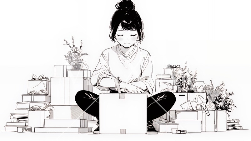 引っ越しの荷造り・荷解きをしている若い女性（シンプルな色使い）