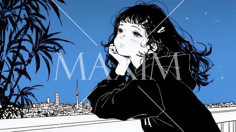 ベランダで夜風に当たりながら都会のランドスケープを眺め休む若い女性（シンプルな色使い）