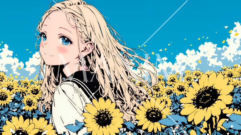 夏の晴天の日、ひまわりの畑を散策している若い女性