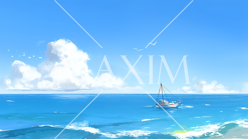 夏の青い空と青い海と白い雲のコントラスト（クレヨン＋水彩画風）