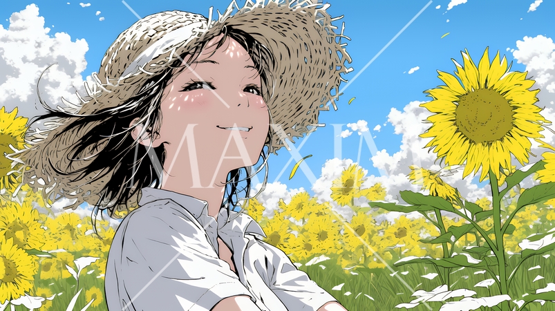 夏の晴天の日、ひまわりの畑を散策している若い女性