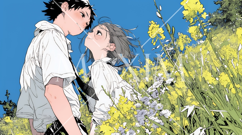 菜の花畑でデートをしている若いカップル