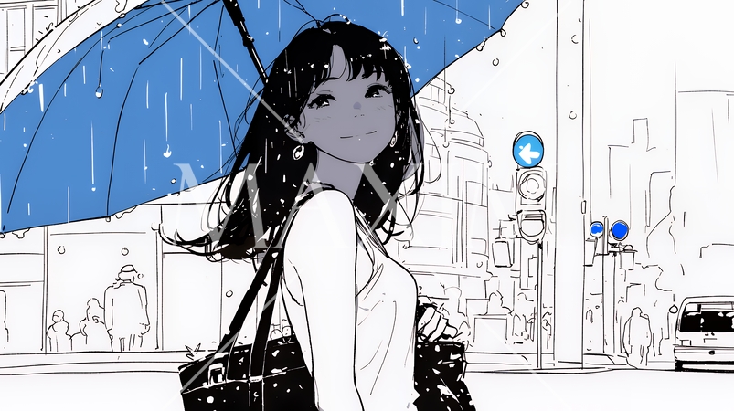 雨の中を歩く女性（シンプルな色使い）