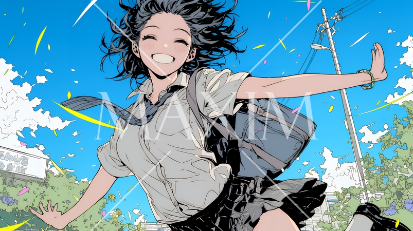 嬉しさのあまり飛び跳ねる制服姿の女子高生