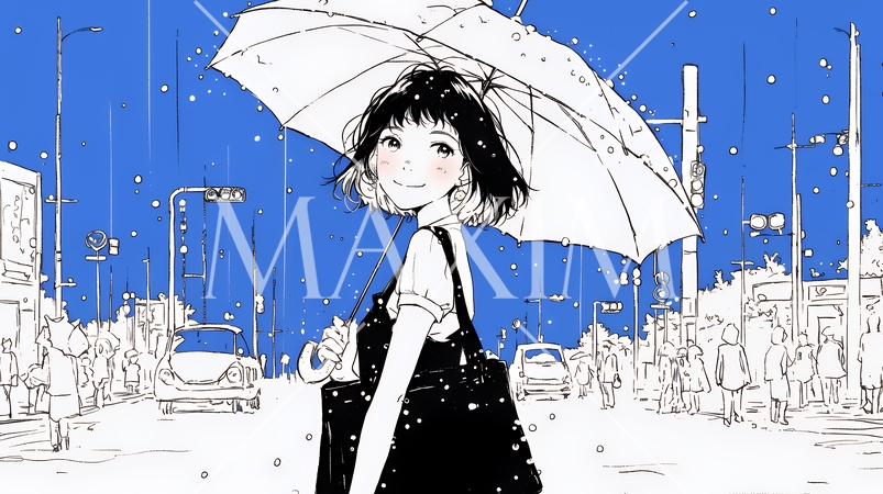 雨の日に傘をさして歩く若い女性（シンプルな色使い）