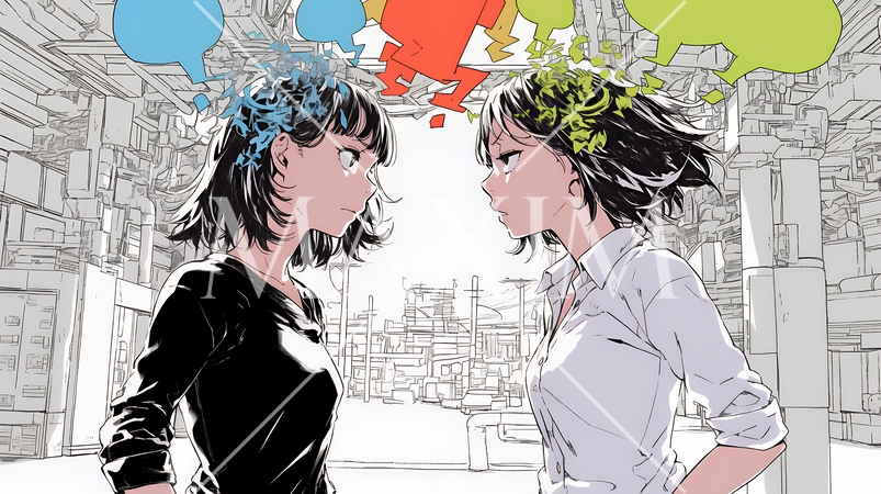 互いに相手の意見を十分に理解できないまま対話を続ける二人のビジネスウーマン