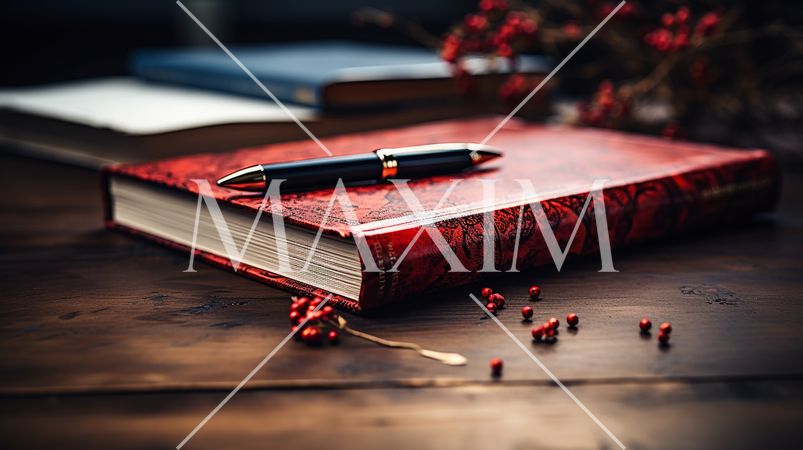 机の上にある革装丁の本