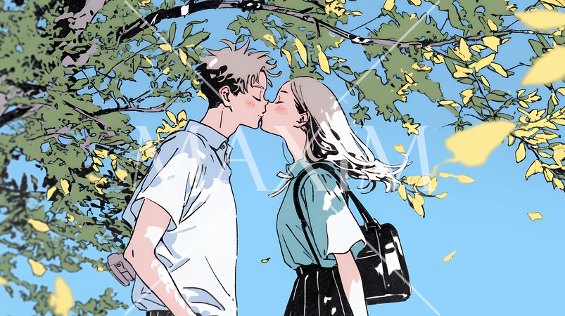 秋の紅葉の下でキスをしている若い恋人たち