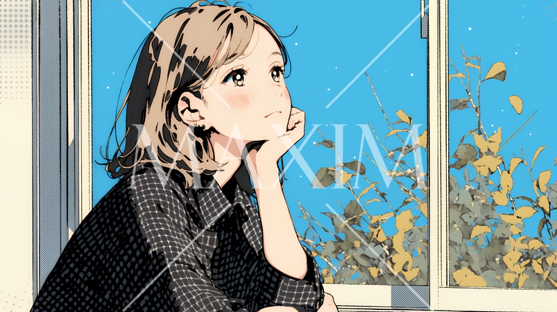 じっと遠くを見つめている若い女性