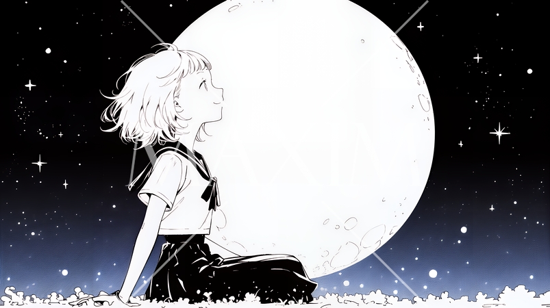 月見をしている若い女性（シンプルな色使い）