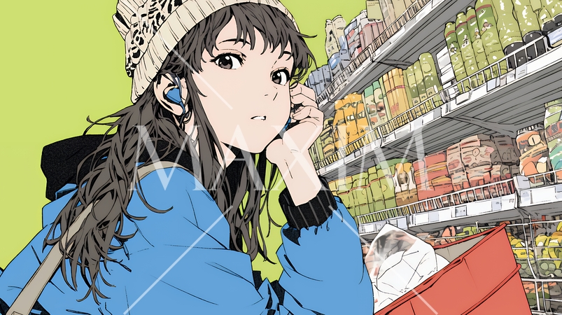 スーパーマーケットで買い物をしている若い女性